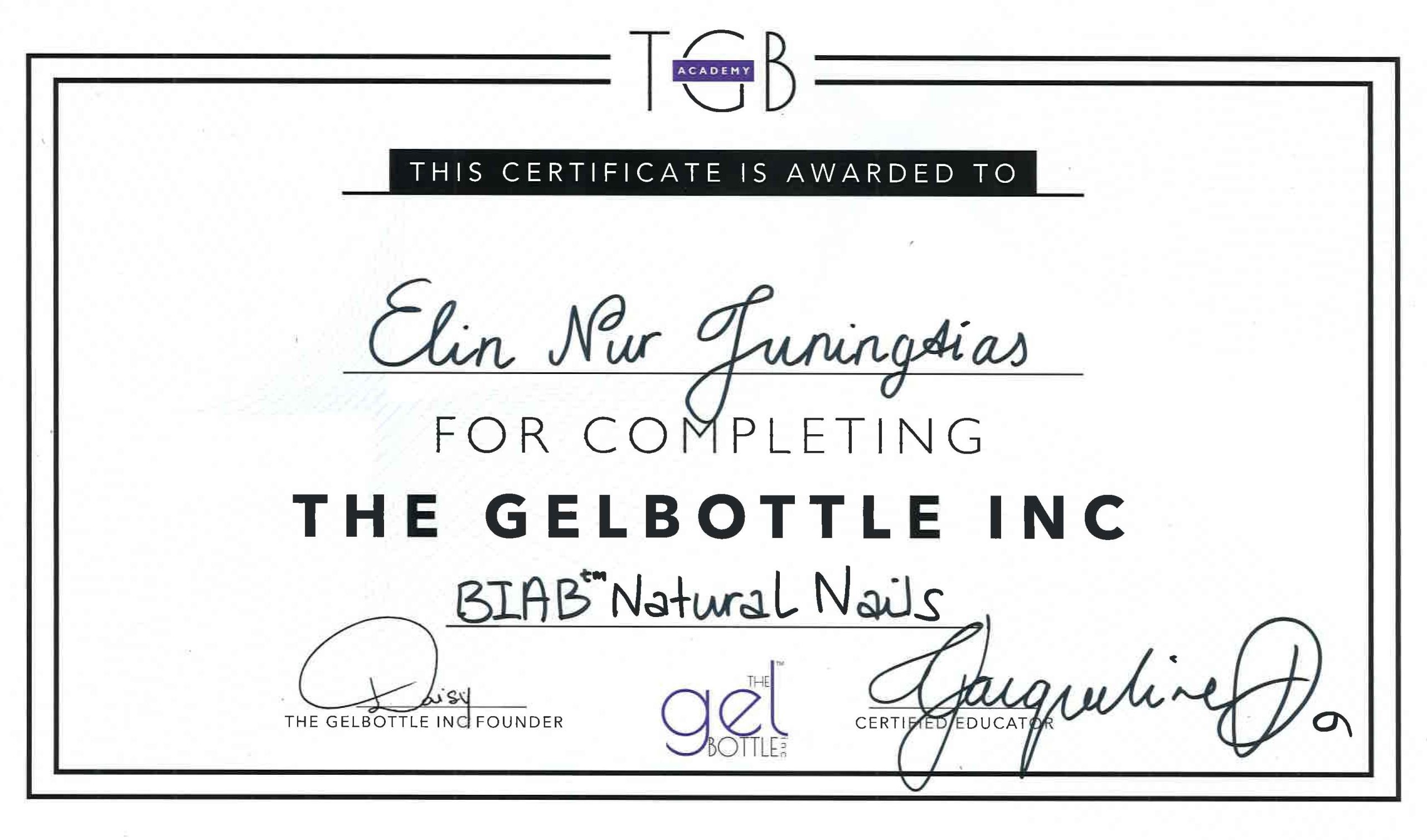 Certification For Completing The Gelbottle Inc Elin Nur Juningtias